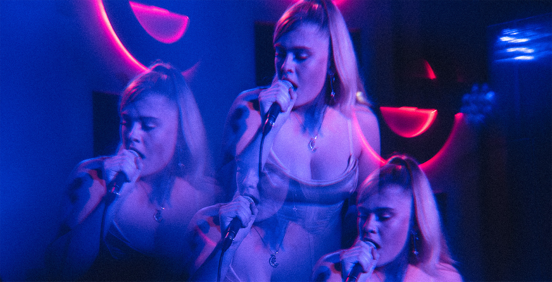 An edited, layered image of a person singing