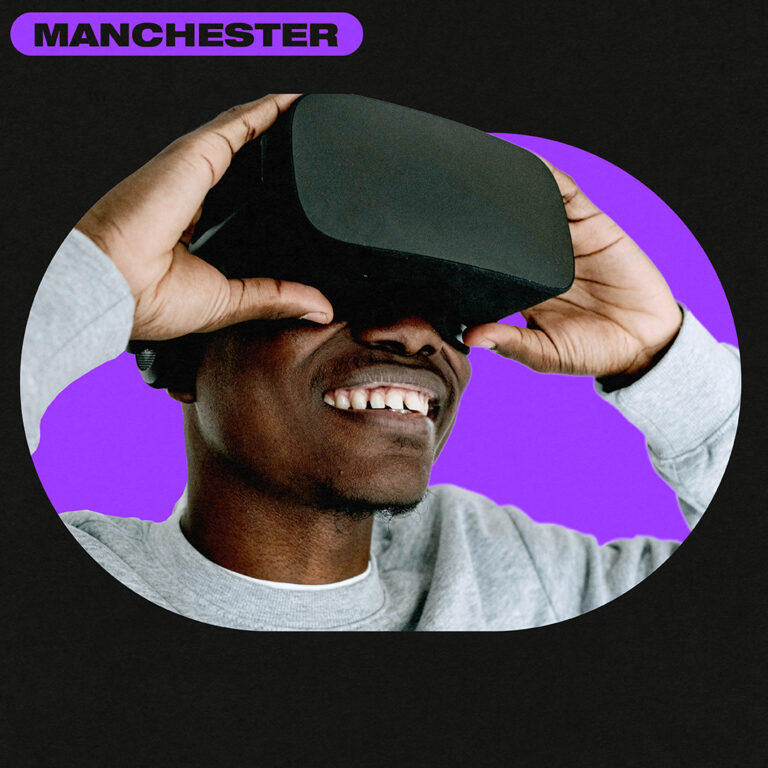 Black tile graphic featuring ACC student and purple text: Manchester