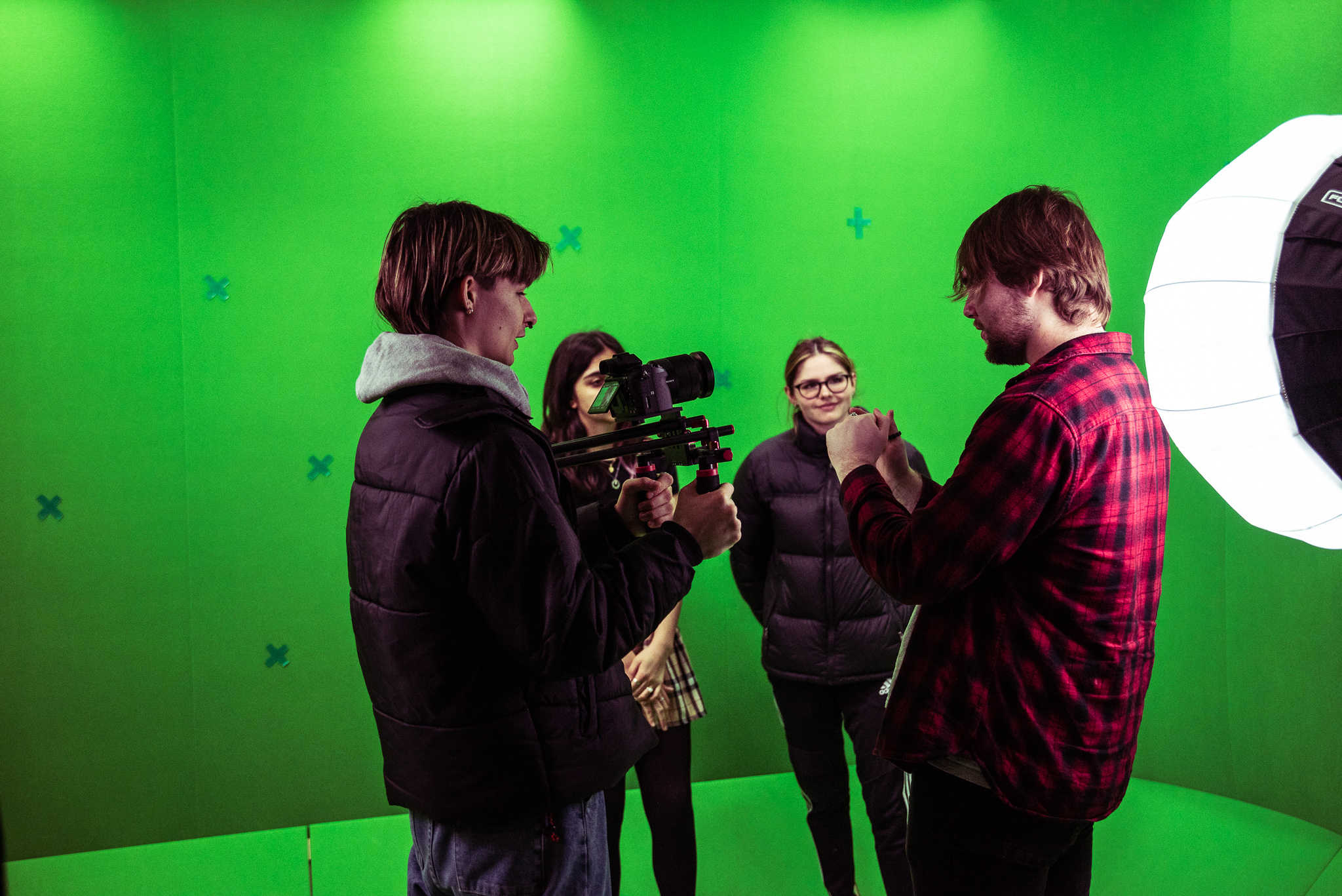 Film students in Bristol, with green screen behind