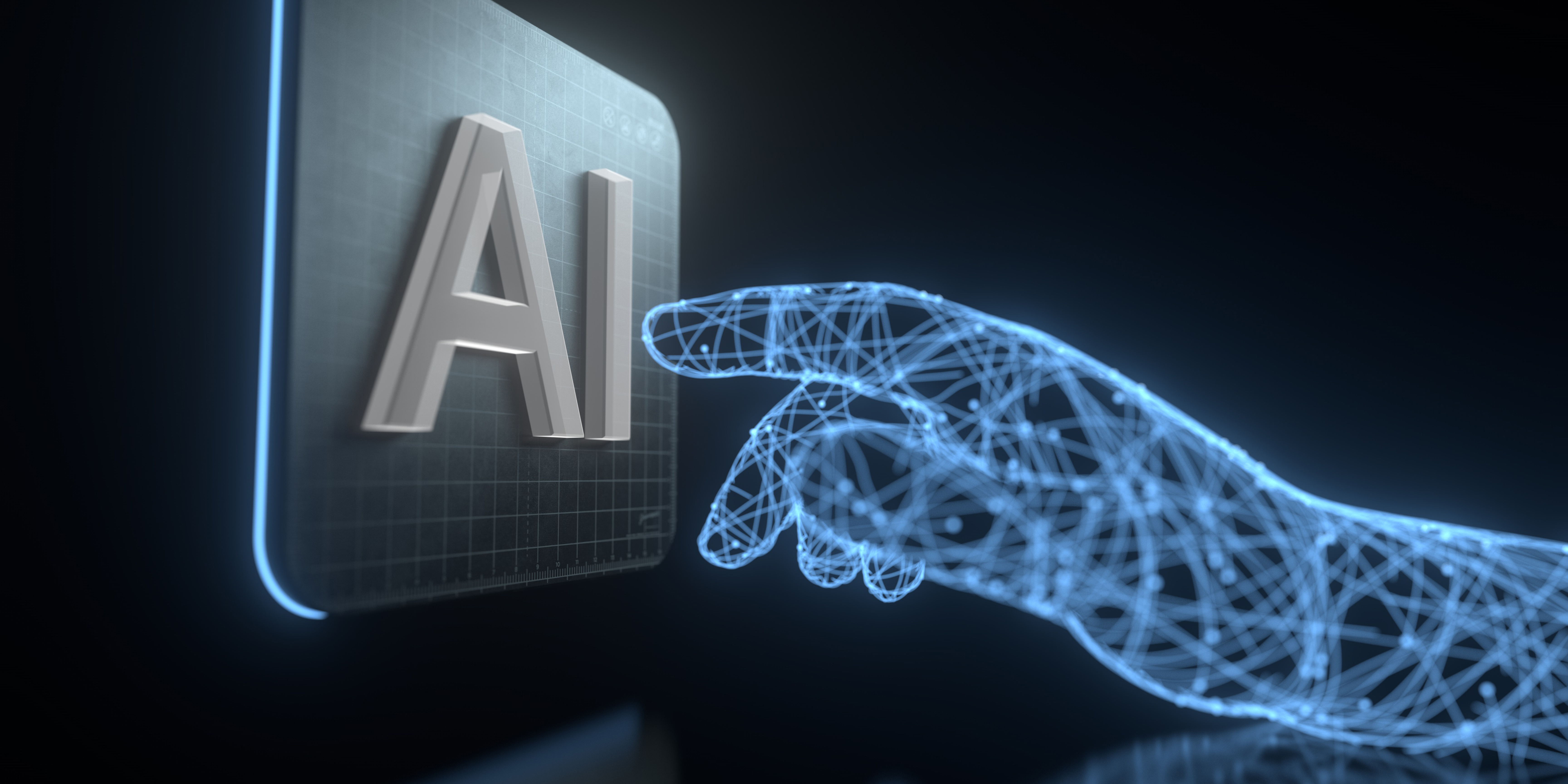 A finger touching a screen that says 'AI'