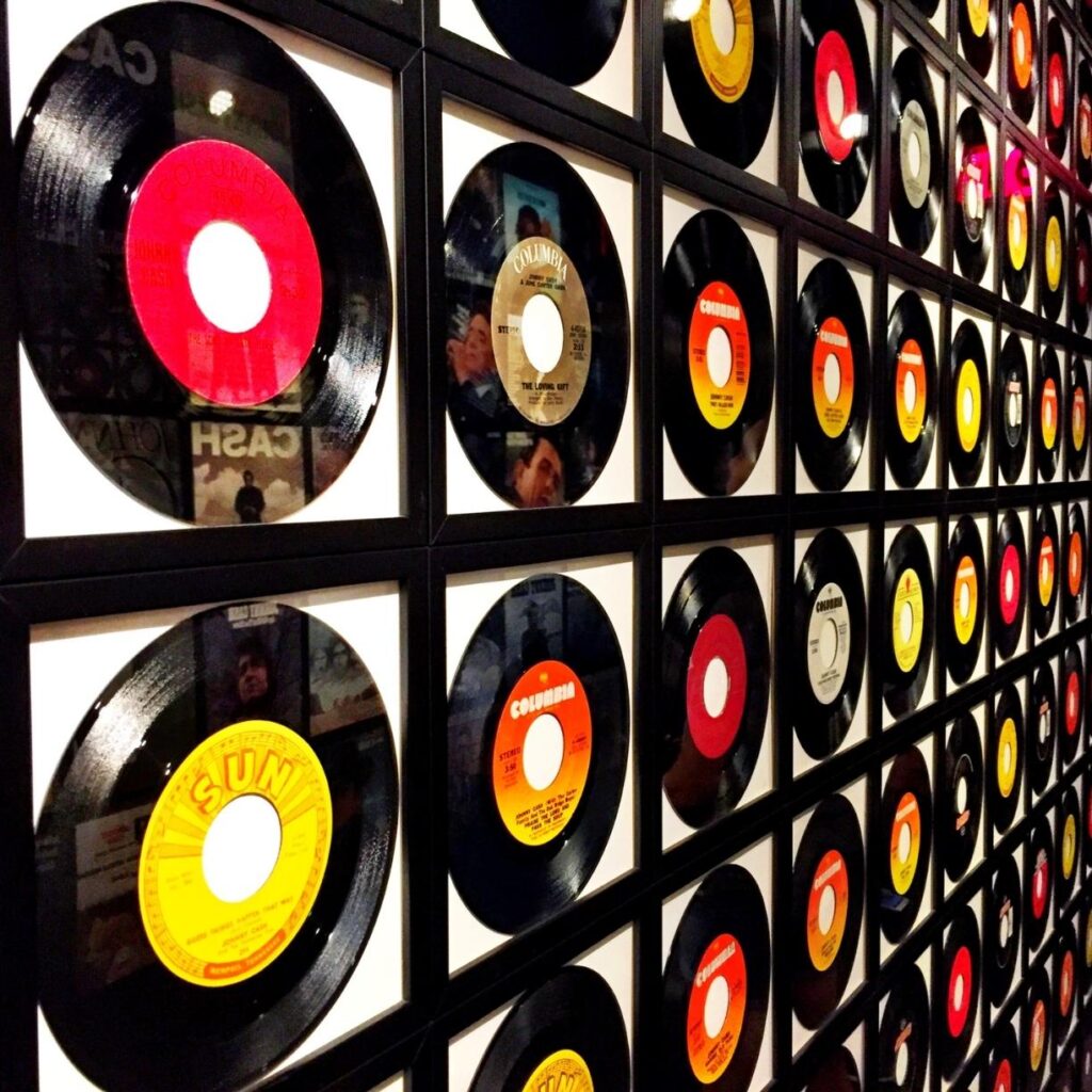 Vinyl records on wall