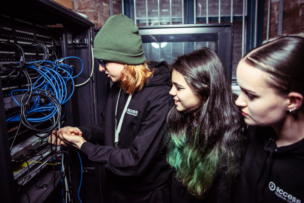 T Level students working with data network cables