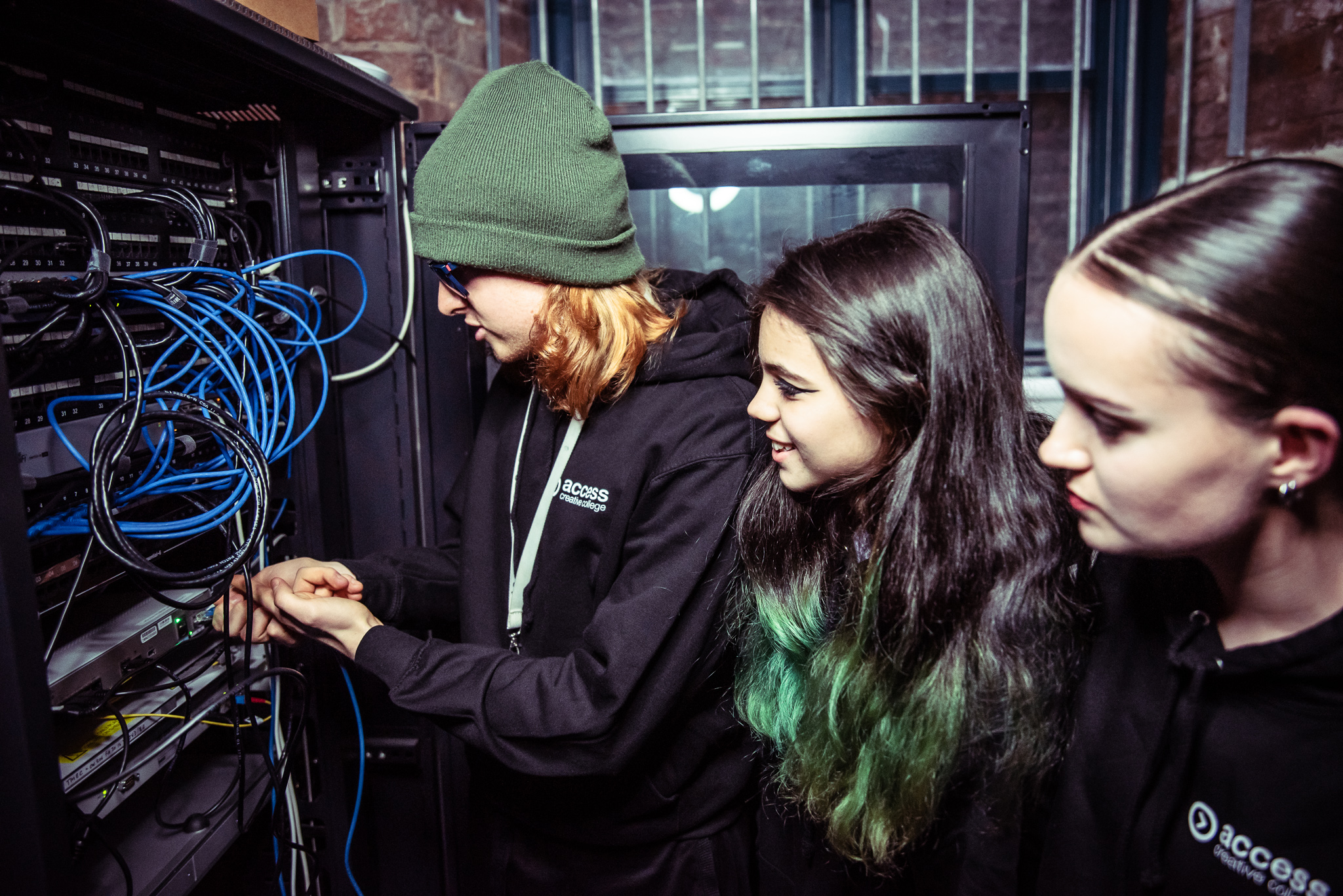 T Level students working with data network cables