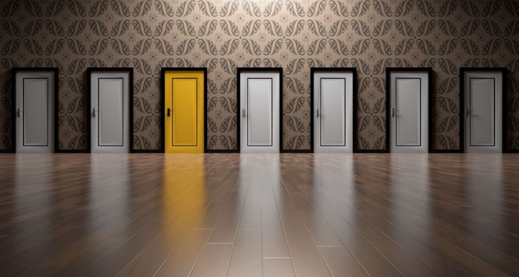 Yellow door choosing a path