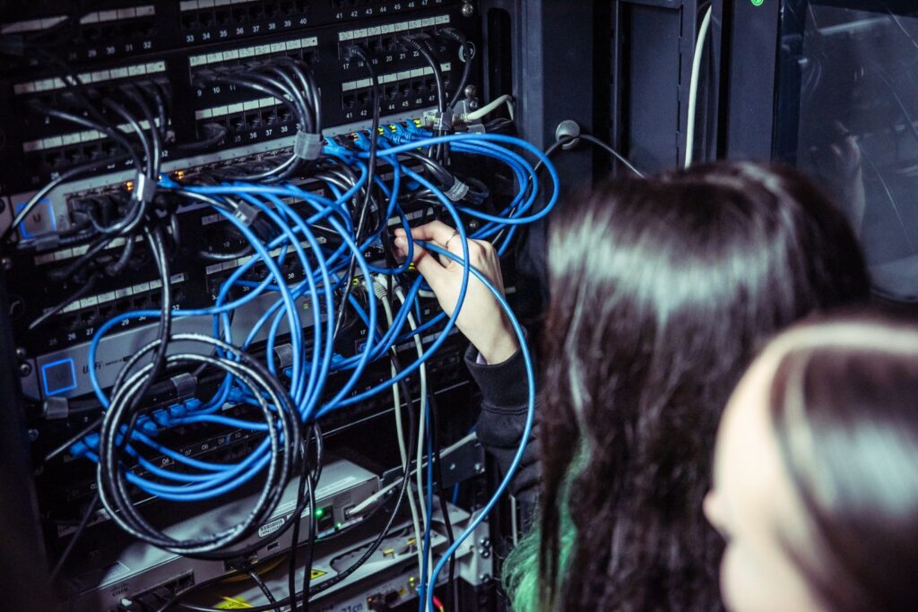 Student working with computer server