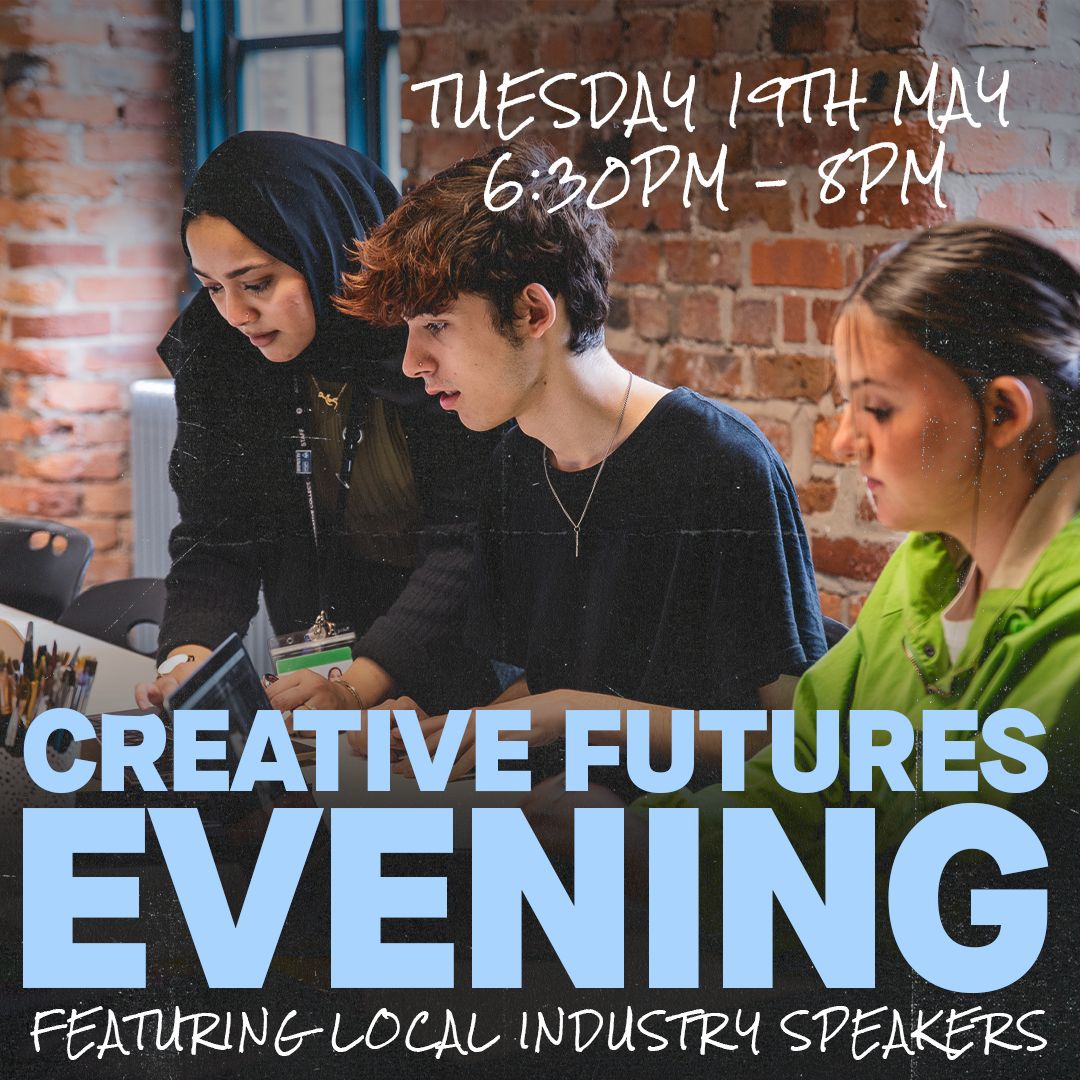 Creative Futures Evening web tile, two students with their female tutor.