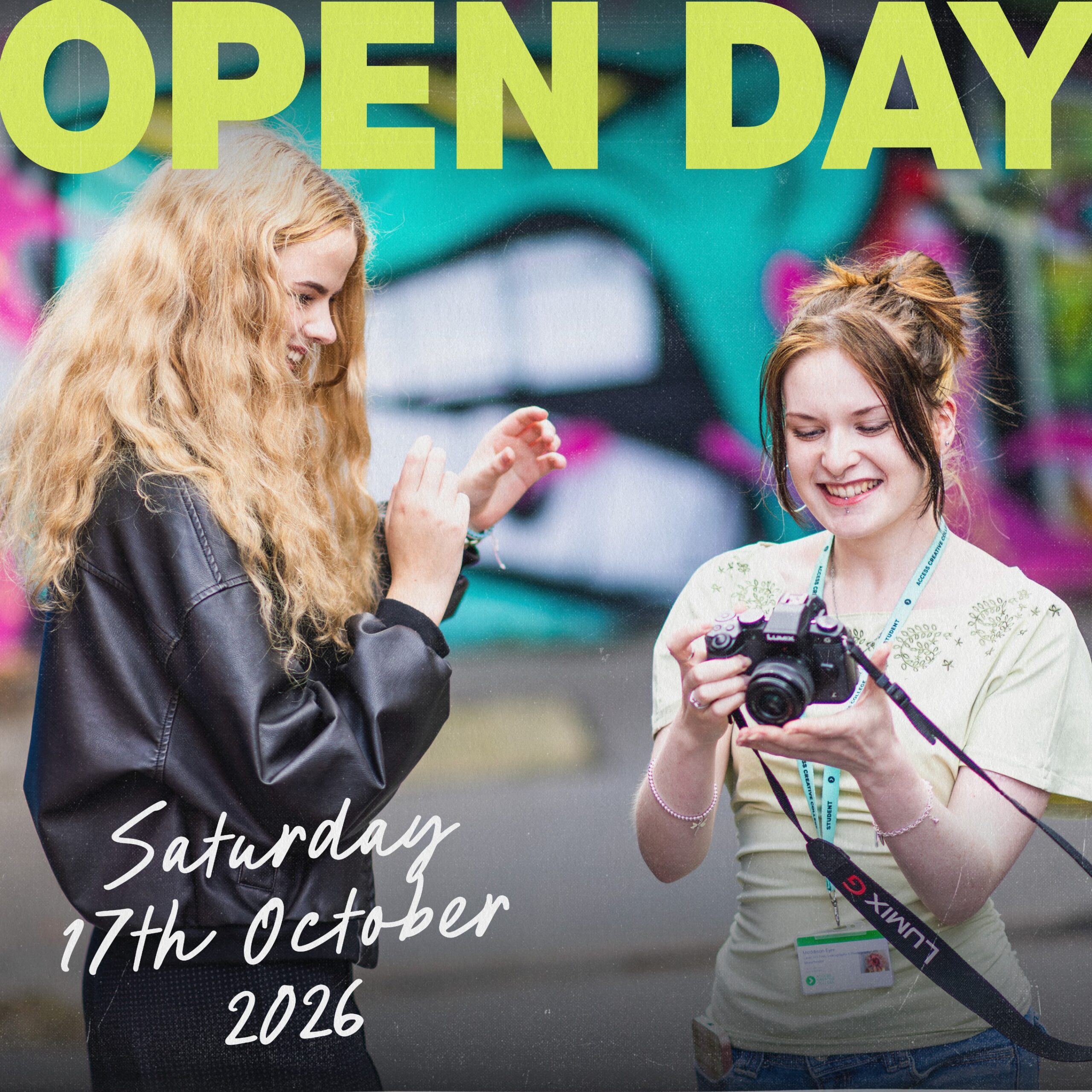 october open day web tile showing two students