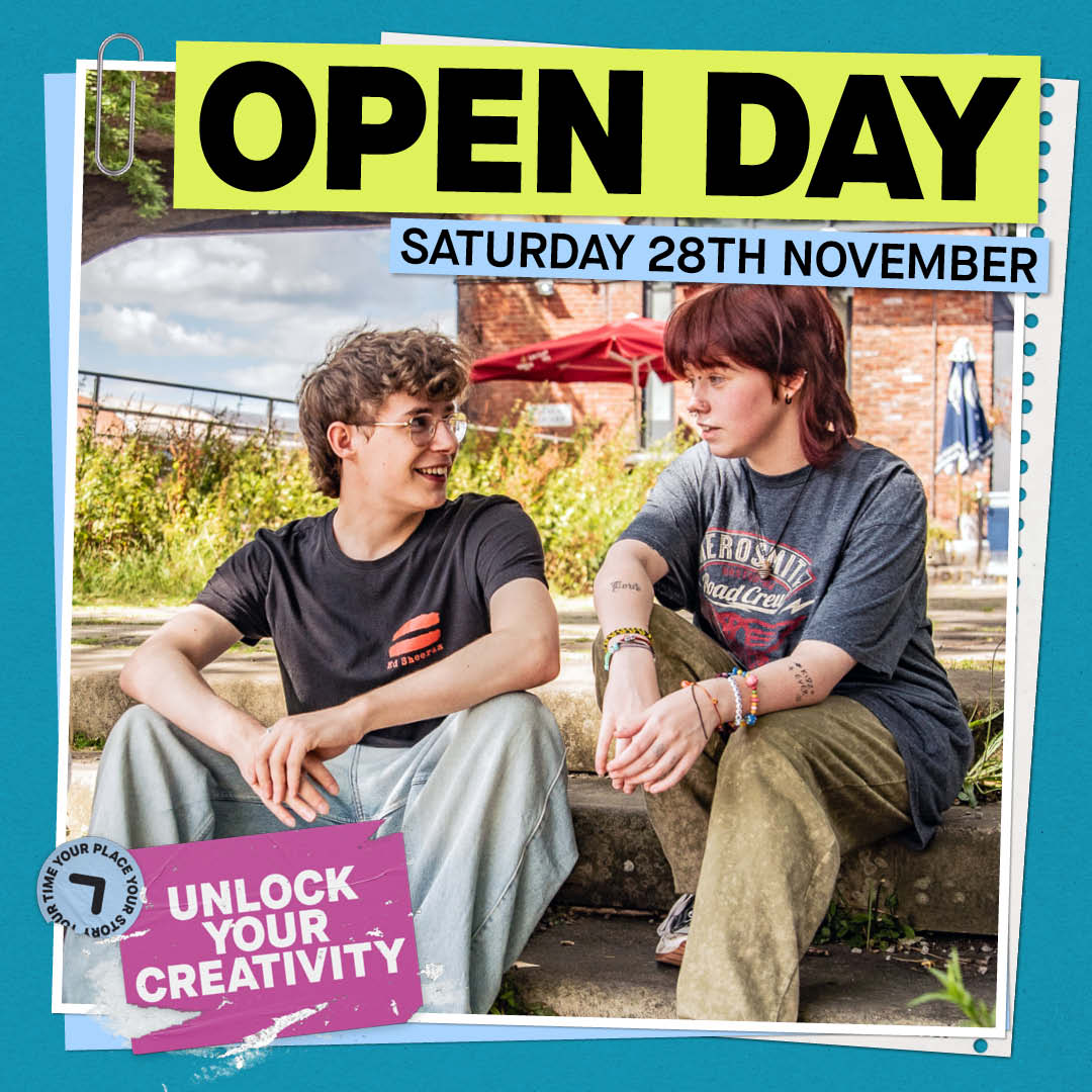 image of two students sat down with "open day saturday 28th november" wrtoe across it