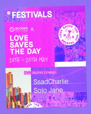 Not long now until @accesscreativecollege_bristol alumni @ssadcharlie and @officialsolojane take to the stage at this year’s edition of @lovesavesthedayfestival on May 24th and 25th ☀️ 🎤

If you’re going to the festival, don’t miss out. Make sure to stop by and witness these two incredible performers. And if you don’t have tickets yet, you can get yours on the LSTD website!
