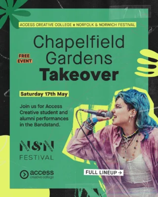 @accesscreativecollegenorwich takeover of Chapelfield Gardens as part of @nnfest is tomorrow. Come and see us from 3:30 PM to support some of Norfolk’s most exciting new musical talent 🎤🎸☀️